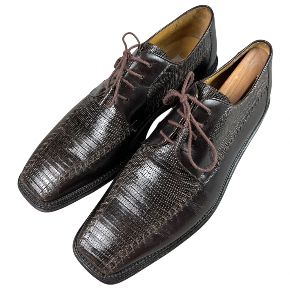 Mezlan Genuine Lizard Brown Leather Oxford Dress Shoes Men's 9.5 M Square Toe